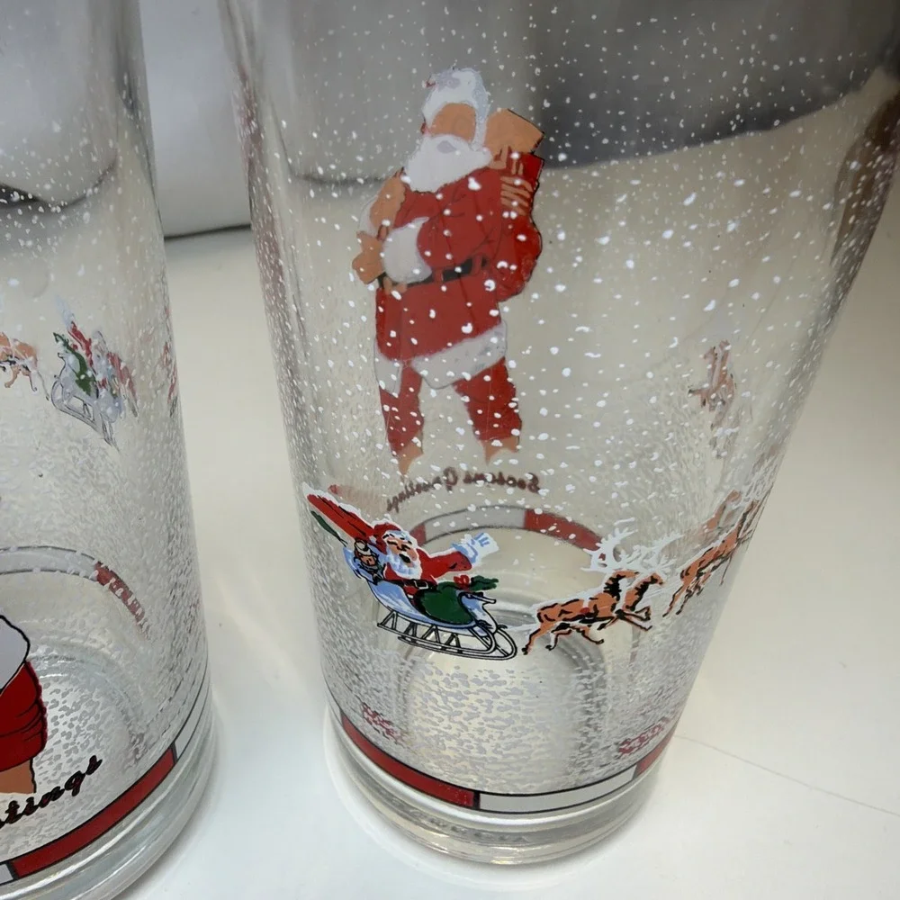 Vintage Firna Drinking Christmas Glass Tumbler Santa Sleigh Reindeers-Set Of 3
